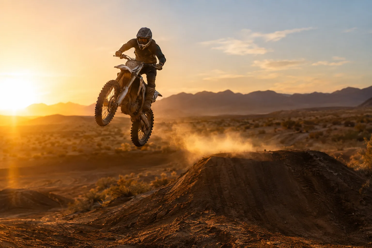 Rider launching a dirt bike off a desert jump under an open sky