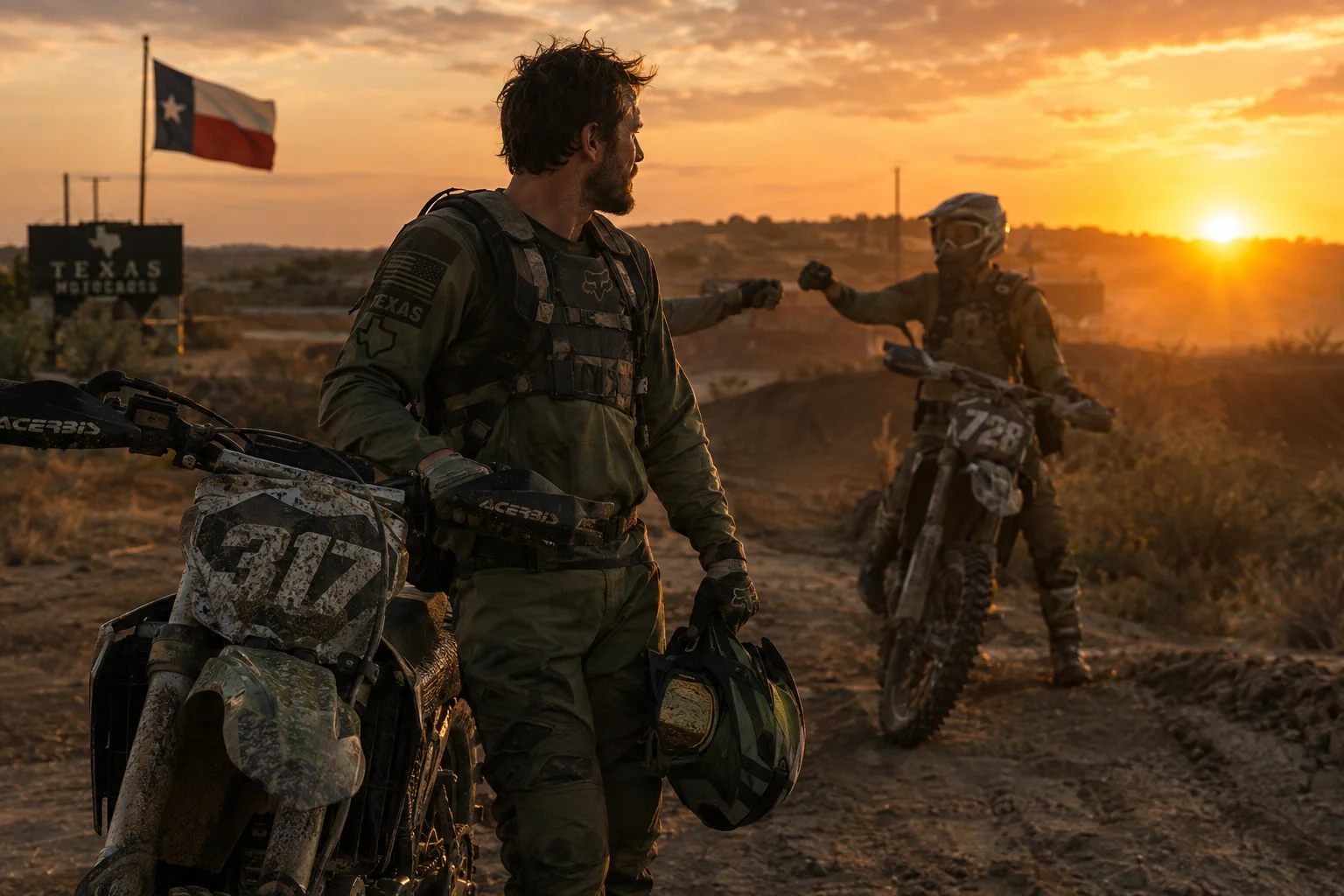 A rider in tactical-style riding gear fist-bumping a fellow rider at a Texas motocross track at sunset, Texas flag in the background