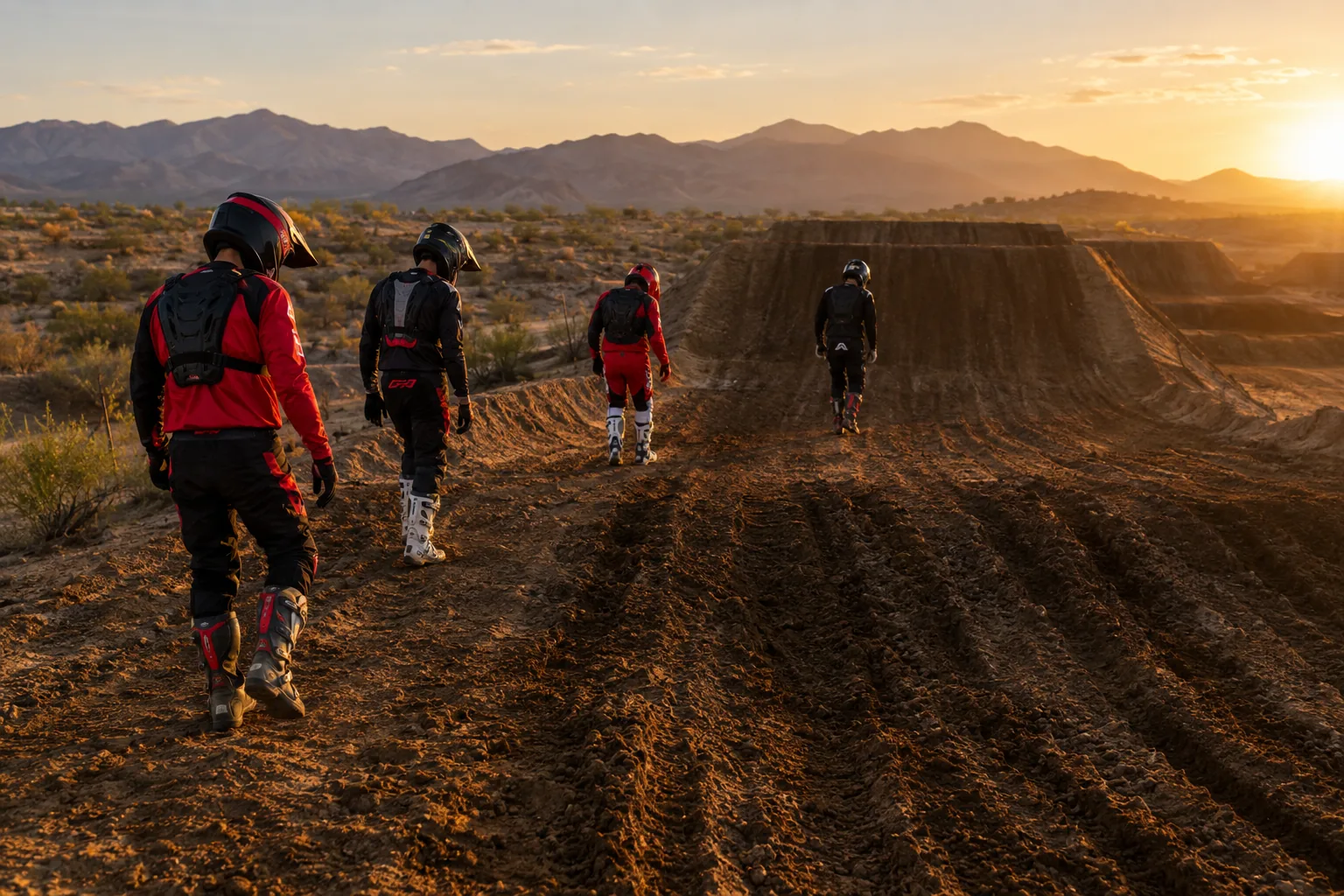 Riders in gear walking a Texas motocross track together at sunset